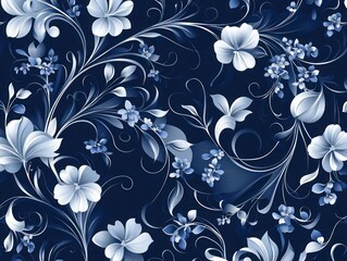 Deep Blue and White Floral Abstract in Peaceful Flowing Pattern
