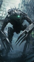 Fototapeta premium Mecha-Cloverfield, a gargantuan biomechanical terror with mechanical claws and exoskeleton armor, rampaging through a futuristic landscape with unrelenting power.
