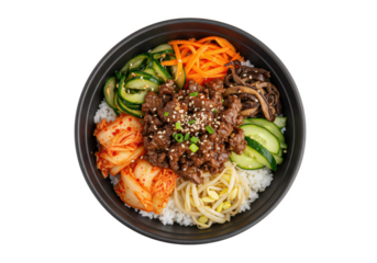 korean bibimbap bowl with galbi beef and pickled vegetables isolated on white background, top view, no depth of field, sharp