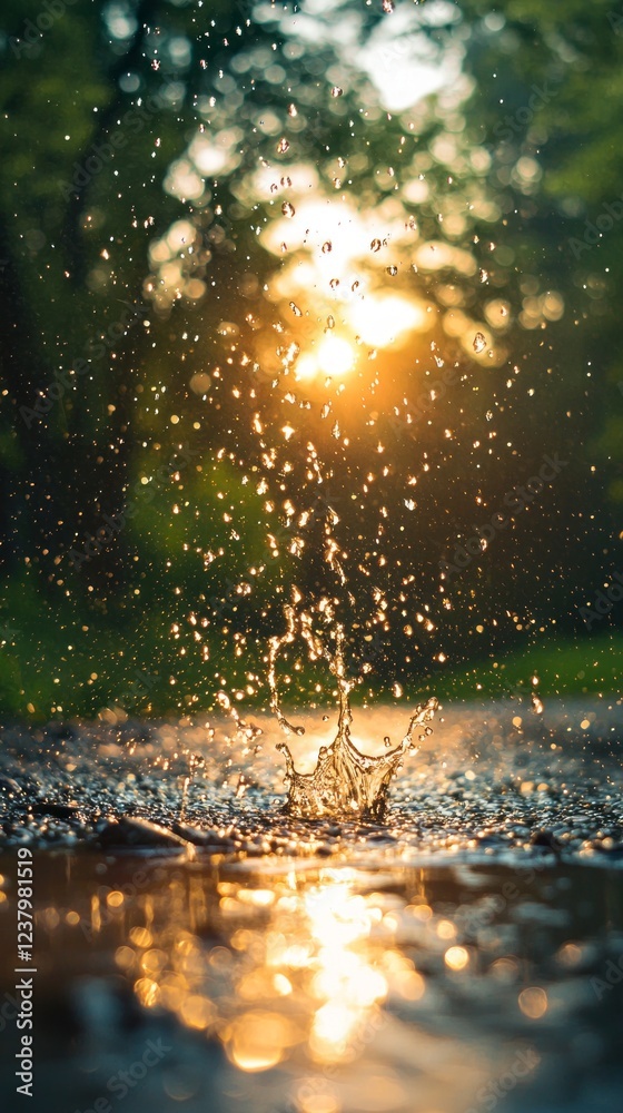 Poster Heavy rain falls gently over a serene meadow, creating ripples in puddles while golden rays of sunlight filter through the clouds, illuminating the landscape with a magical glow