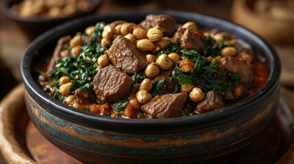 A Flavorful Dish of Tender Beef Stew Served with Spinach and Topped with Crunchy Peanuts, Showcasing the Richness of Traditional Culinary Practices