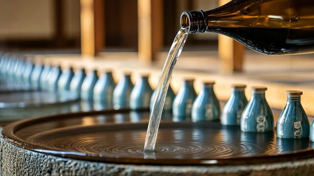 Pouring sake into a traditional wooden basin surrounded by small sake bottles in an artistic setting