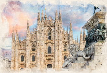 The Milan Cathedral or Duomo di Milano in Milan, Italy in watercolor illustration style