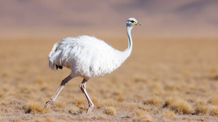 Fototapeta premium White rhea walking in arid landscape, wildlife photography