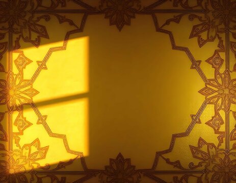 Rich golden background adorned with elaborate geometric patterns, leaving a spacious area in the center for copy, highlighted by a subtle glow.