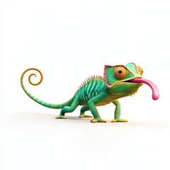 Fototapeta premium Chameleon extending its long sticky tongue to catch an insect, placed on a bright white background