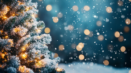 Fototapeta premium Holiday background with a snow-covered Christmas tree adorned with garland lights, creating a festive scene.