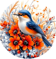 A blue and orange bird is perched on a flower. The bird is surrounded by a variety of flowers, including red and orange ones. The image has a peaceful and calming mood