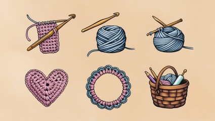 Crochet and Knitting Supplies Yarn Balls Hooks Needles Heart Circle and Basket