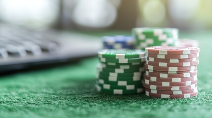 Fototapeta premium Poker chips on green felt, laptop blurred background, online gambling