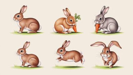 Naklejka premium Adorable Brown and Grey Rabbits Sitting Eating Carrots Jumping Cute Bunny Illustrations