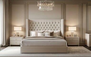 Chic Luxury Bedroom with a King-Size Bed, an Upholstered Headboard, a Crystal Chandelier, and a Soft Neutral Color Palette, Hotel-Style Elegance