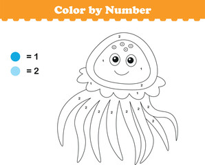 Color by numbers. Coloring page for kids. Coloring with cute jellyfish. Vector illustration
