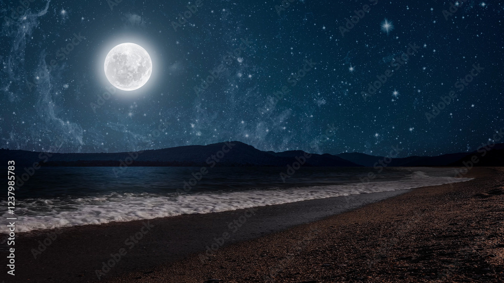 Wall mural a movement of stars in the night sky with the view of mountains..