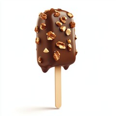 Obraz premium Chocolate-covered vanilla ice cream stick with crunchy nuts, isolated on a clean white background
