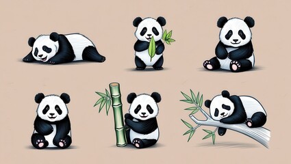 Obraz premium Adorable Baby Pandas Six Cute Illustrations of Pandas with Bamboo