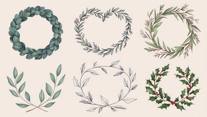 Fototapeta premium Watercolor Botanical Wreath Collection Greenery Floral and Holly Wreaths for Design