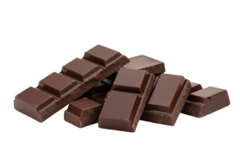 Dark chocolate blocks and bieces isolated on white background, front view, no depth of field, sharp