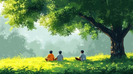 People resting under a large tree in a countryside landscape