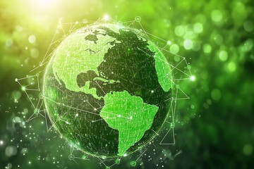 Green globe with digital data points and connections, illustrating sustainable technology and green energy solutions.