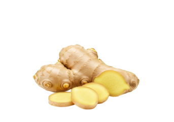 Ginger root, fresh ginger slices, vibrant green leaves isolated on white background, front view, no depth of field, sharp