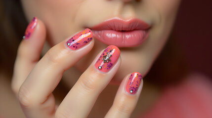Creative Nail Art Close-up with Glossy and Vibrant Nail Polish and Intricate Designs