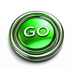 Obraz premium circular GO button in vibrant green with metallic edges and a glossy finish, placed on a bright white background
