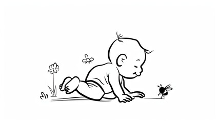 Fototapeta premium A simple line drawing of an adorable baby crawling, on a white background, in a minimalistic style