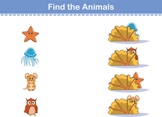 Find Hiding Animals. Child Exercise Sheet with wild animals. Printable worksheet. Cartoon vector illustration