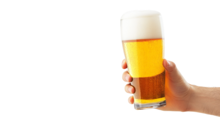 Hand holding pint of cold beer with transparent background