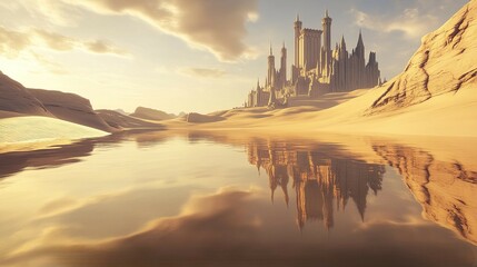 Obraz premium An ancient castle rises from the golden sands of the desert, casting long shadows and creating a dry, intense atmosphere suited for epic or historical narratives.