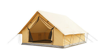 Camping tent standing open on transparent background showing interior space