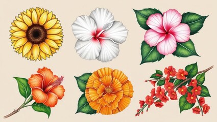 Fototapeta premium Vibrant Floral Collection Sunflowers Hibiscus and Marigolds Drawn in Colored Pencil