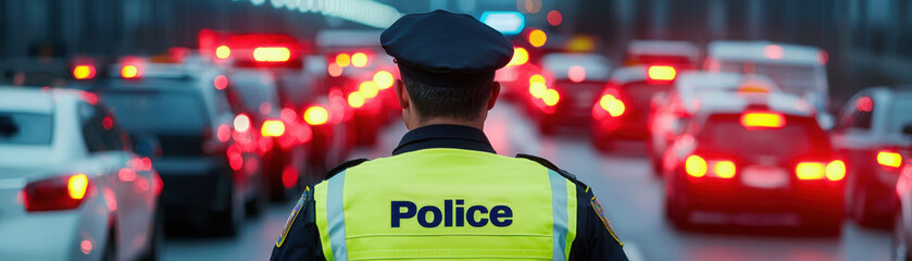 Obraz premium Police officer directing traffic during city evacuation, ensuring safety and order amidst chaos of vehicles