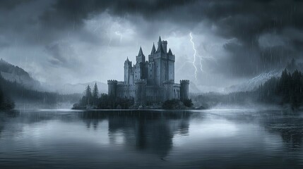 Naklejka premium A looming castle stands against a dark, stormy sky, its reflection broken by raindrops in the churning waters of the lake below. dramatic mood for adventure or dark fantasy settings.