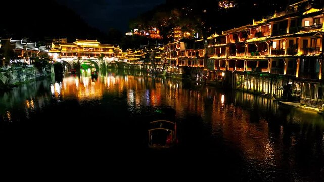 Fenghuang, Tuojiang River, Night lights, China