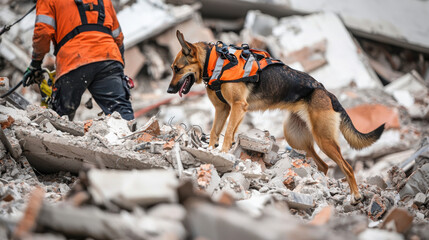 Rescue dog navigating debris of collapsed buildings, assisting in search efforts