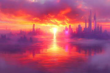Naklejka premium Futuristic city sunrise, misty harbor, vibrant sky