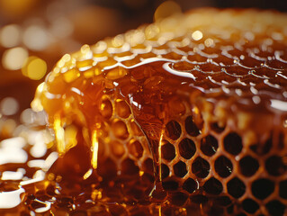 Dripping honeycomb glistens under natural light revealing intricate patterns and rich textures in a...