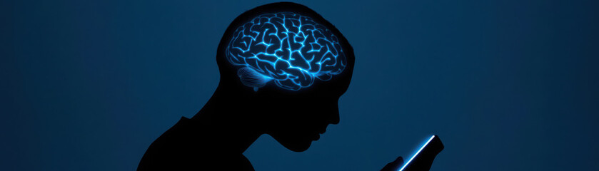 Obraz premium silhouette of human head with glowing brain, engaging with smartphone, symbolizing technology and cognition