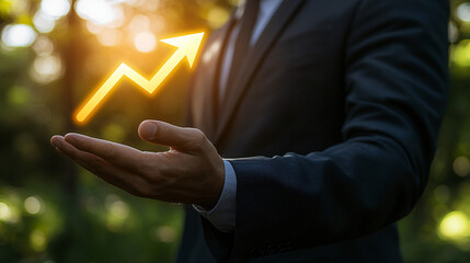 A business owner holding a glowing upward arrow, representing success and expansion