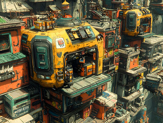 Fototapeta premium Futuristic city, aerial view, dense buildings, vibrant colors, sci-fi cityscape