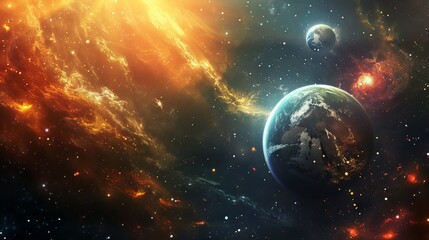 Obraz premium Immersive surreal cosmic landscape with vibrant abstract planets, shimmering nebula clouds, and a dramatic star-filled galaxy