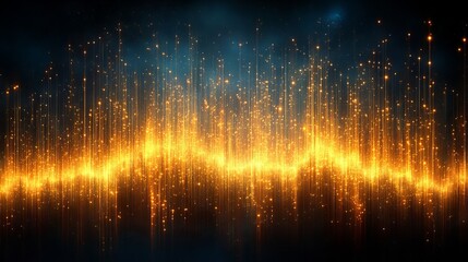 Golden light particles forming wavy pattern in dark abstract background