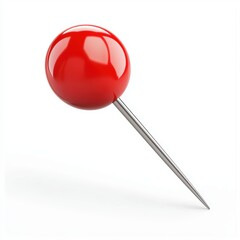 Classic red push pin with a sharp metal tip and glossy plastic head, isolated on a clean white background
