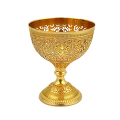 Elegant golden decorative bowl with intricate patterns and sturdy base, perfect for showcasing fruits or as centerpiece