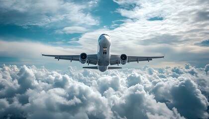 Airplane Flying Above Fluffy White Clouds in Blue Sky
