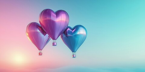 Colorful heart-shaped balloons float in the sky during sunset creating a romantic atmosphere