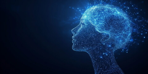 Obraz premium Digital rendering of a human head with a blue network, representing AI and modern technology.