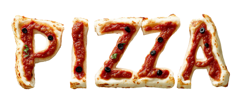 Creative pizza text art with tomato sauce and olives on crust - Powered by Adobe